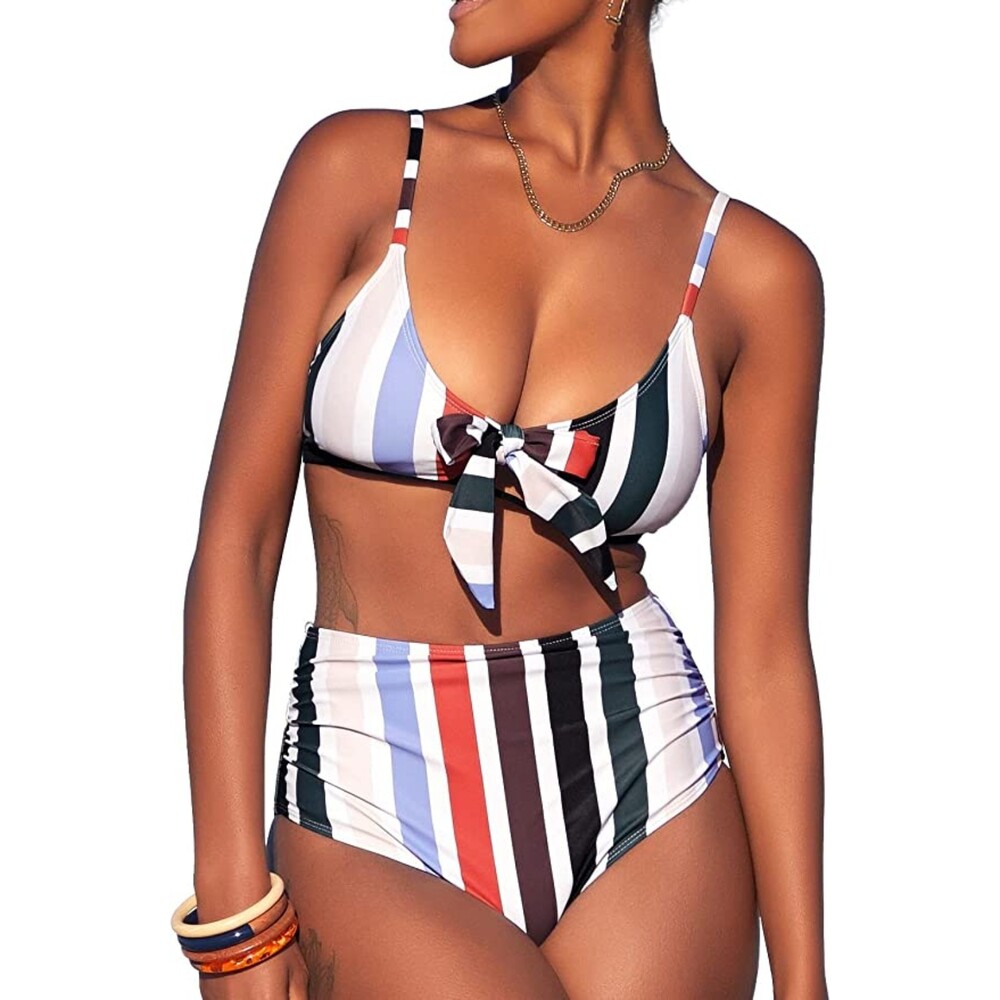 SouqFone Striped Bowknot High Waisted Bikini Sz L